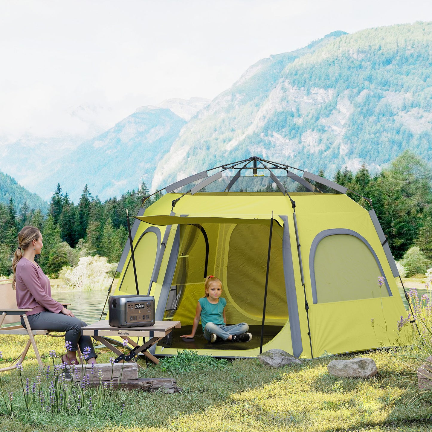Outsunny Instant Camping Tent, 2/3/4 Person Easy Setup Dome Family Tent with Vestibule, Rainfly, 4 Mesh Windows & 2 Doors, Hexagonal Design, Waterproof & UV Protected, Yellow Green