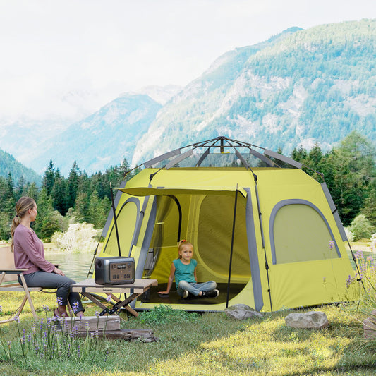 Outsunny Instant Camping Tent, 2/3/4 Person Easy Setup Dome Family Tent with Vestibule, Rainfly, 4 Mesh Windows & 2 Doors, Hexagonal Design, Waterproof & UV Protected, Yellow Green