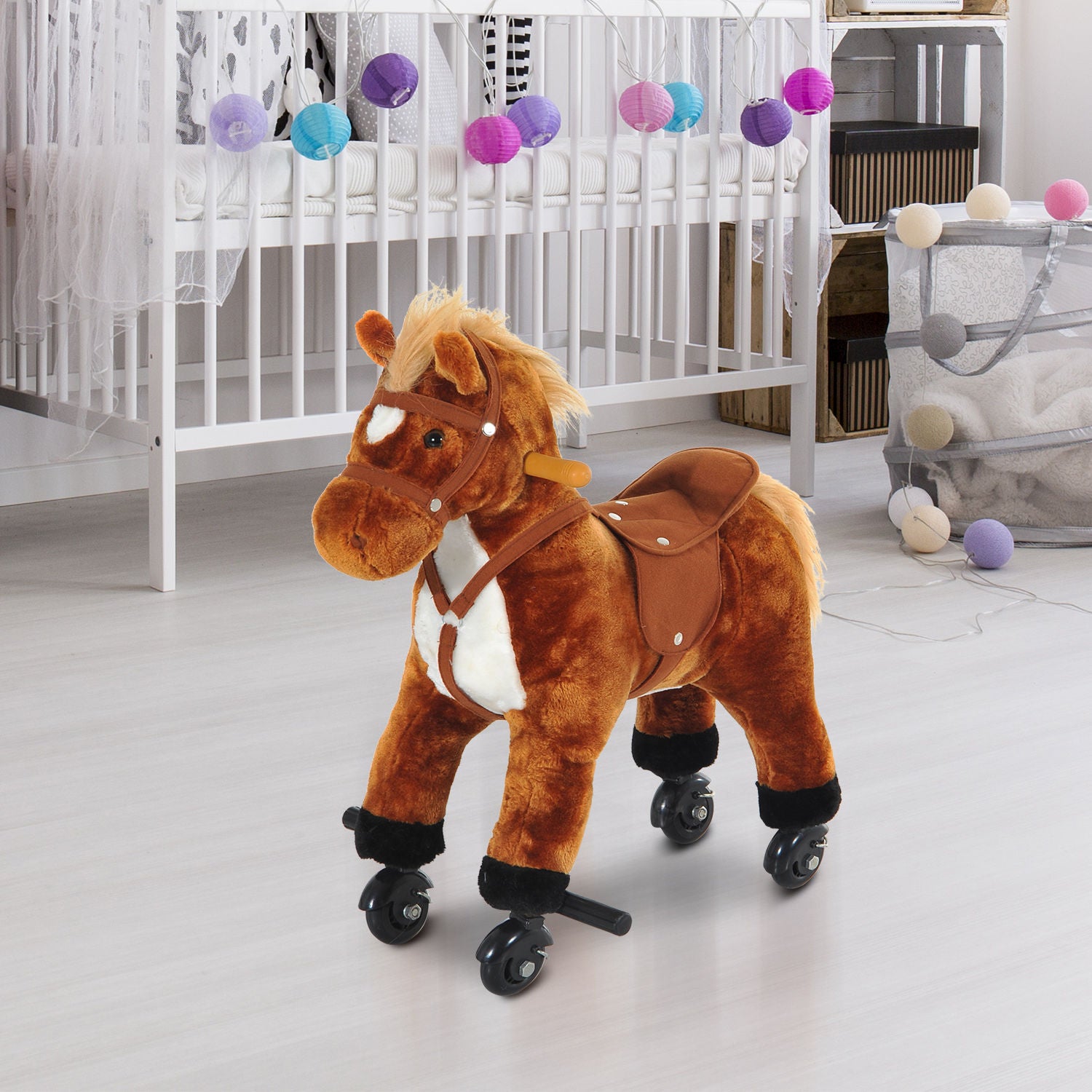 HOMCOM Rocking Horse Plush Kids Ride on Gift Wooden Action Pony Wheeled Walking Riding Little Baby Toy W/Sound-Brown