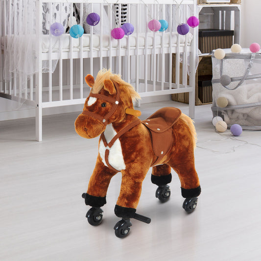 HOMCOM Rocking Horse Plush Kids Ride on Gift Wooden Action Pony Wheeled Walking Riding Little Baby Toy W/Sound-Brown