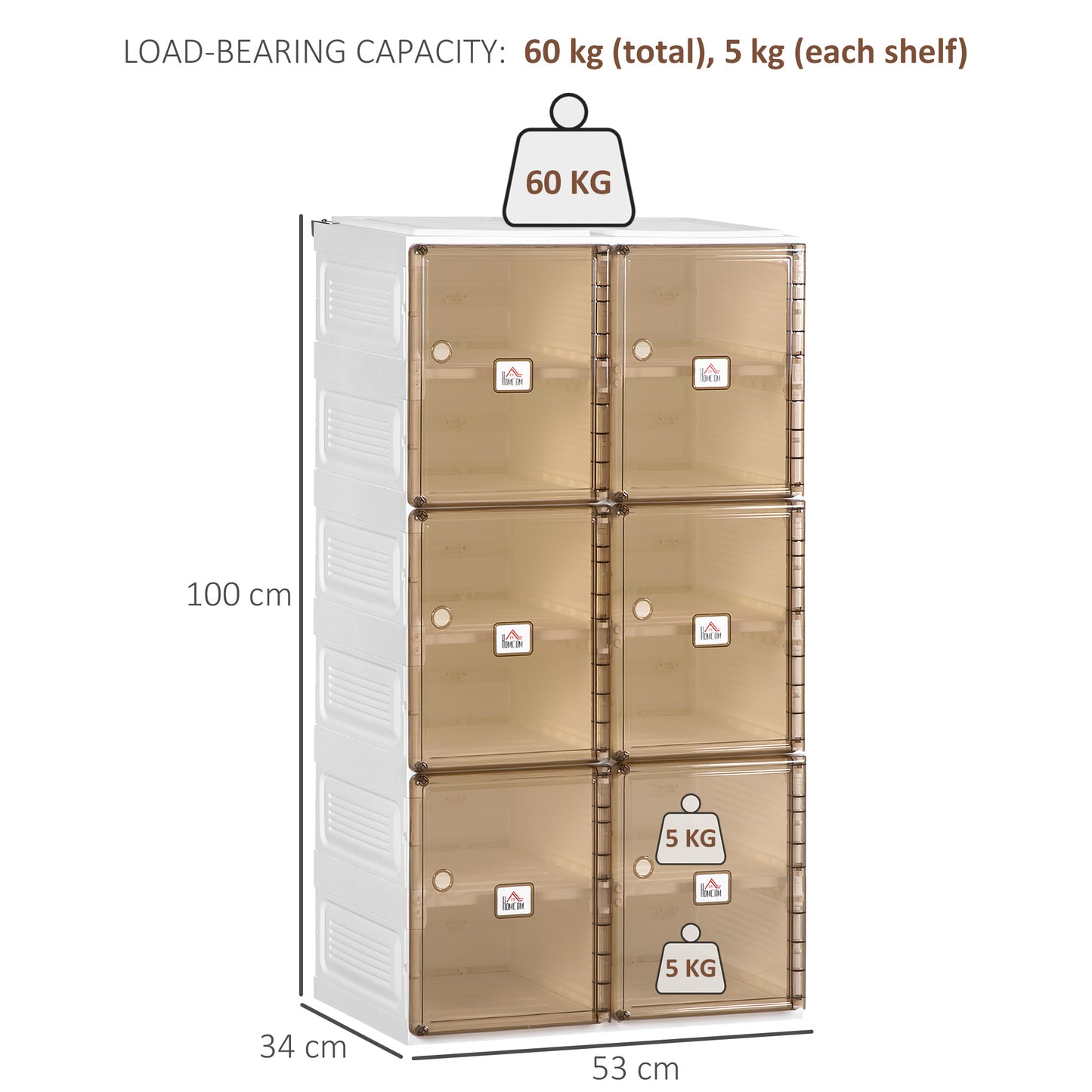 HOMCOM Plastic Shoe Storage Cabinet, Portable Cube Shoe Storage Organizer for Space Saving Bedroom, Entryway for Shoes and Slippers, White and Brown