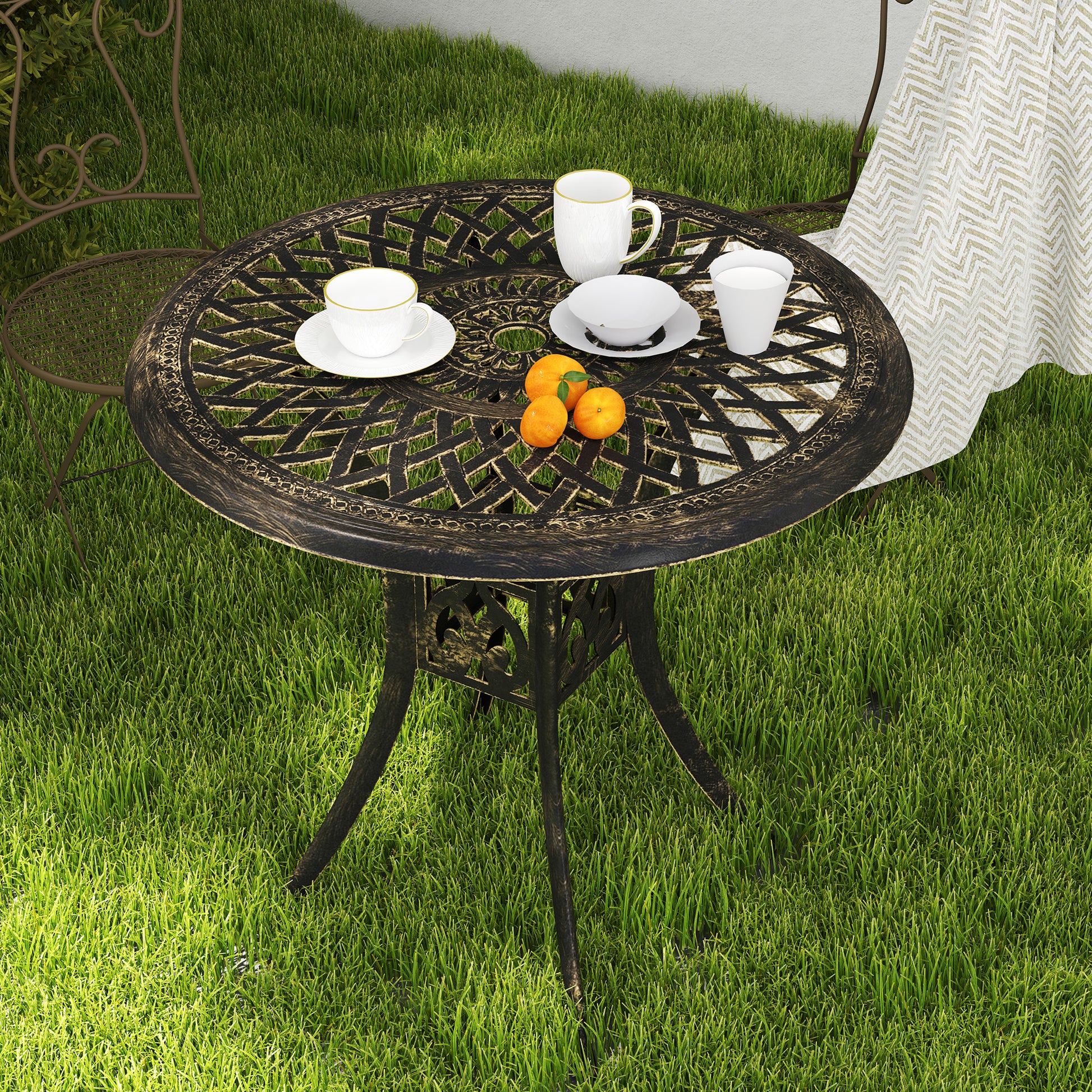 Outsunny 78 cm Round Garden Dining Table with Parasol Hole Antique Cast Aluminium Outdoor Table Only, Bronze Tone