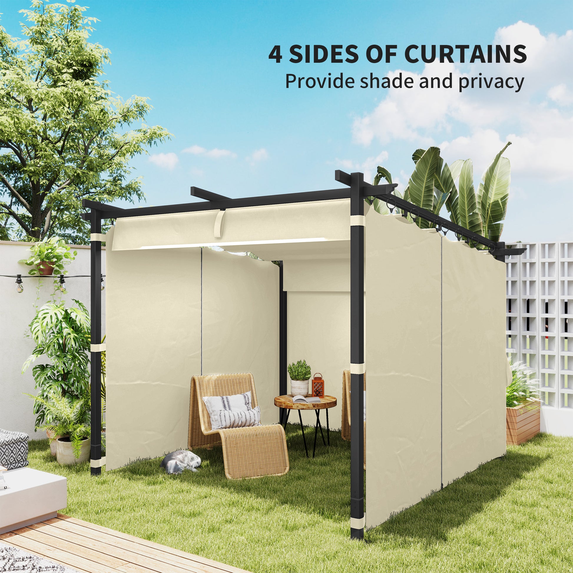 Outsunny 3 x 3 m Retractable Roof Pergola, with Curtains - Beige