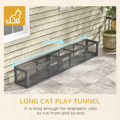 PawHut Cat Tunnel, 250cm Extra Long Wooden Cat Play Tunnel with 8 Doors, L-shape/Rectangle, Outdoor Cat Enclosure, Dark Grey