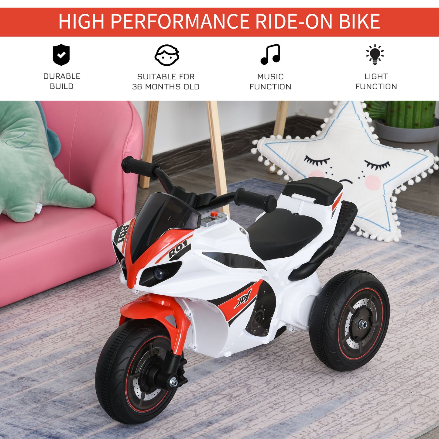 HOMCOM Kids Ride-On Police Bike 3-Wheel Vehicle w/ Music Lights Safe Seat Handlebars Toddler Child Learning Fun Development 18-36 Months White