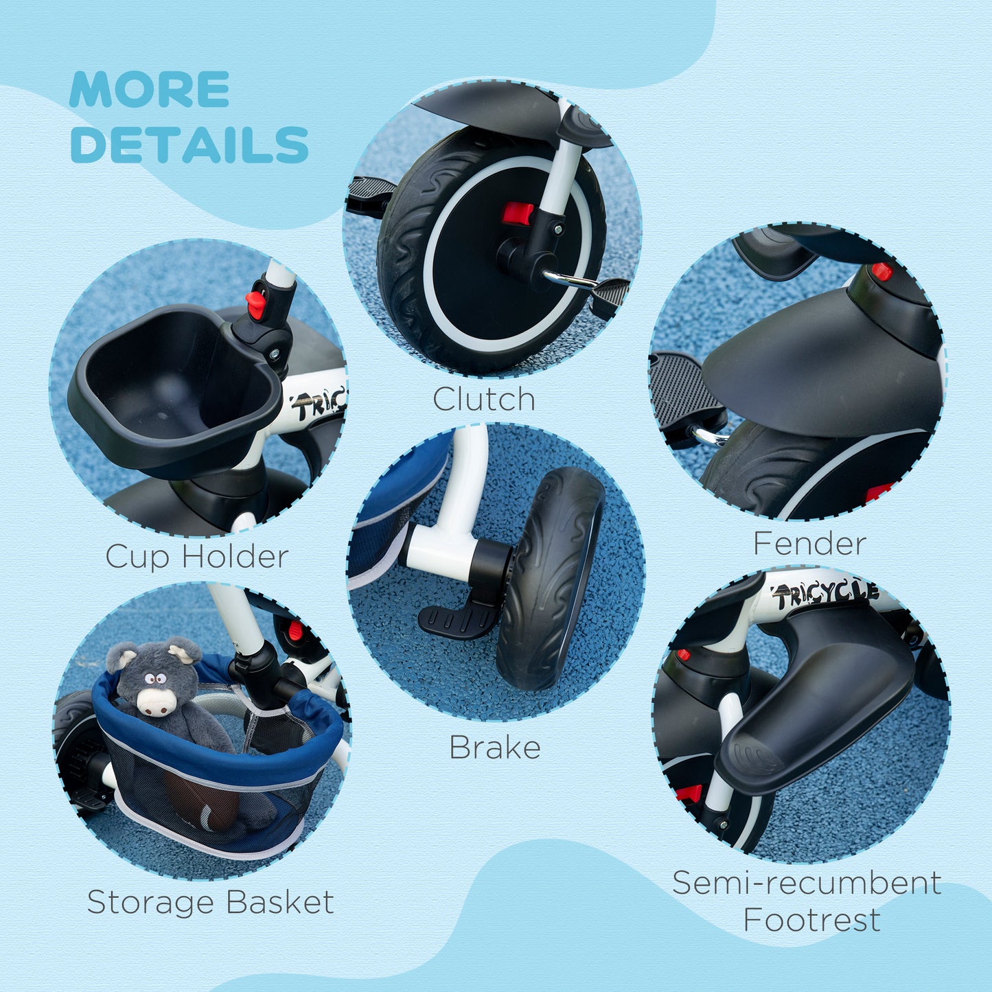 HOMCOM 7-in-1 Tricycle 3 Wheels Pedal Trike w/ Rotatable Seat and Safety Harness for Ages 12-50 Months Kids, Baby, Blue