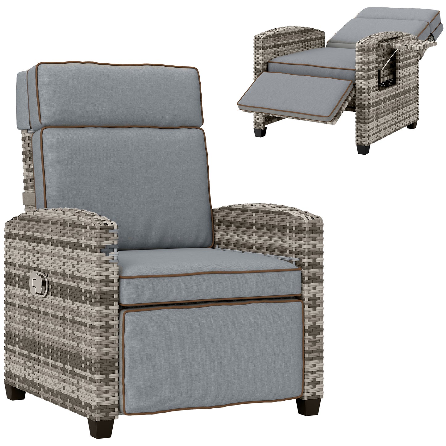 Outsunny 145° Reclining Rattan Armchair, with Footrest - Mixed Grey/Grey