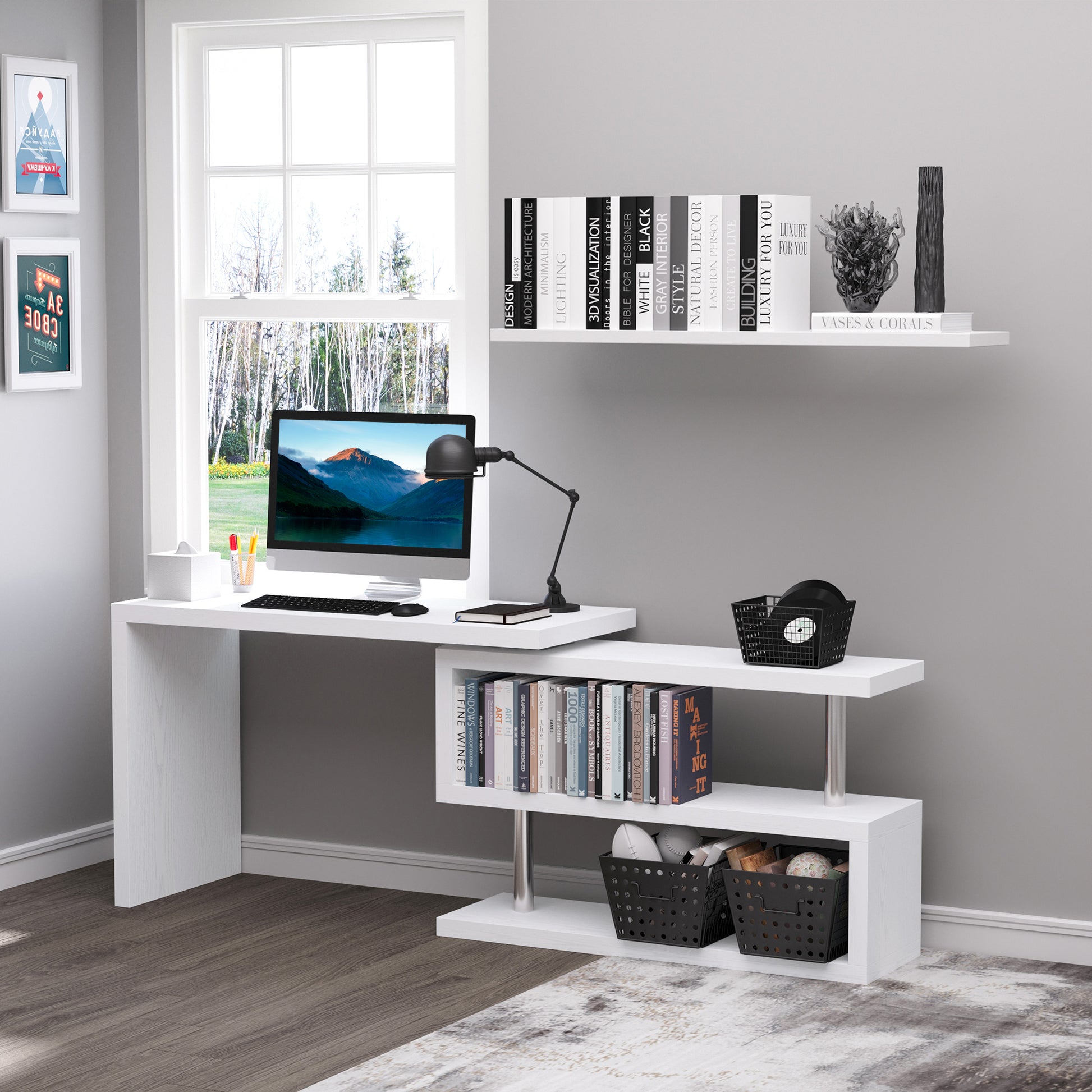 HOMCOM 360° Rotating L-Shaped Corner Computer Desk Home Office Writing Table Swivel Workstation with Storage Shelf, White