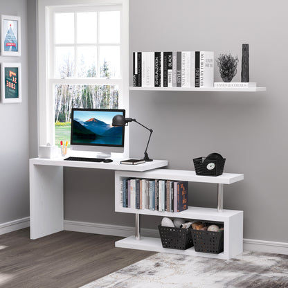 HOMCOM 360° Rotating L-Shaped Corner Computer Desk Home Office Writing Table Swivel Workstation with Storage Shelf, White