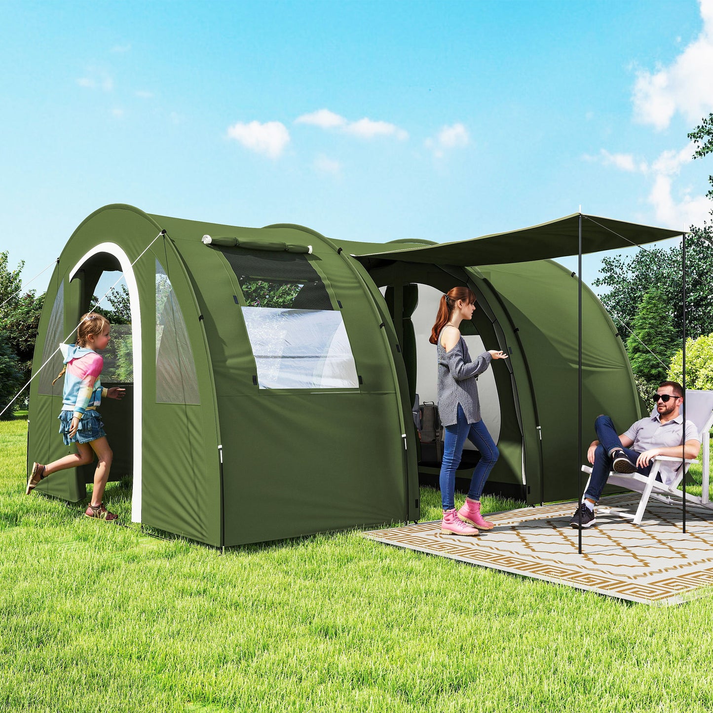 Outsunny 5-6 Man Camping Tent with 2 Room, Floor and Carry Bag - Green