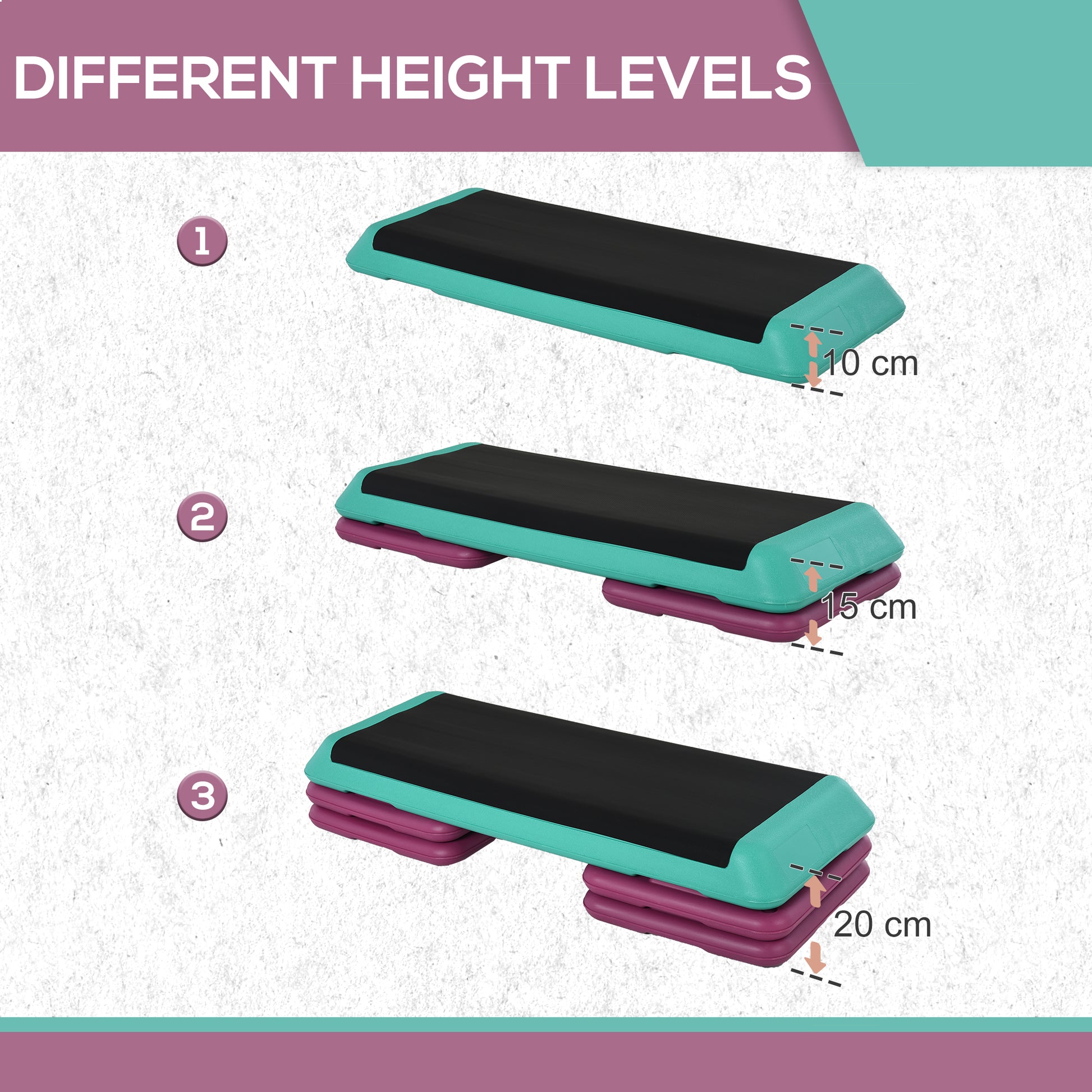 HOMCOM 3-Level Adjustable 10/15/20cm Aerobic Stepper Exercise Platform w/ Non-Slip Top Compact Work Out Home Office Indoor Outdoor Fitness Equipment