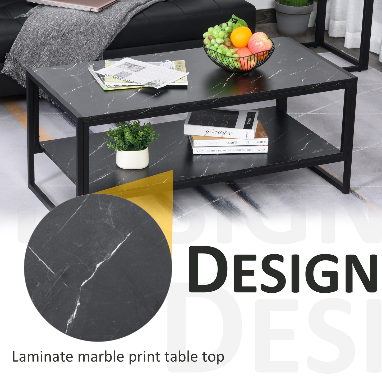 HOMCOM Two-Tier Laminate Marble Print Table Top Coffee Table w/ Metal Frame Foot Pads Elegant Modern Style 2 Shelves Home Display Storage Unit Black