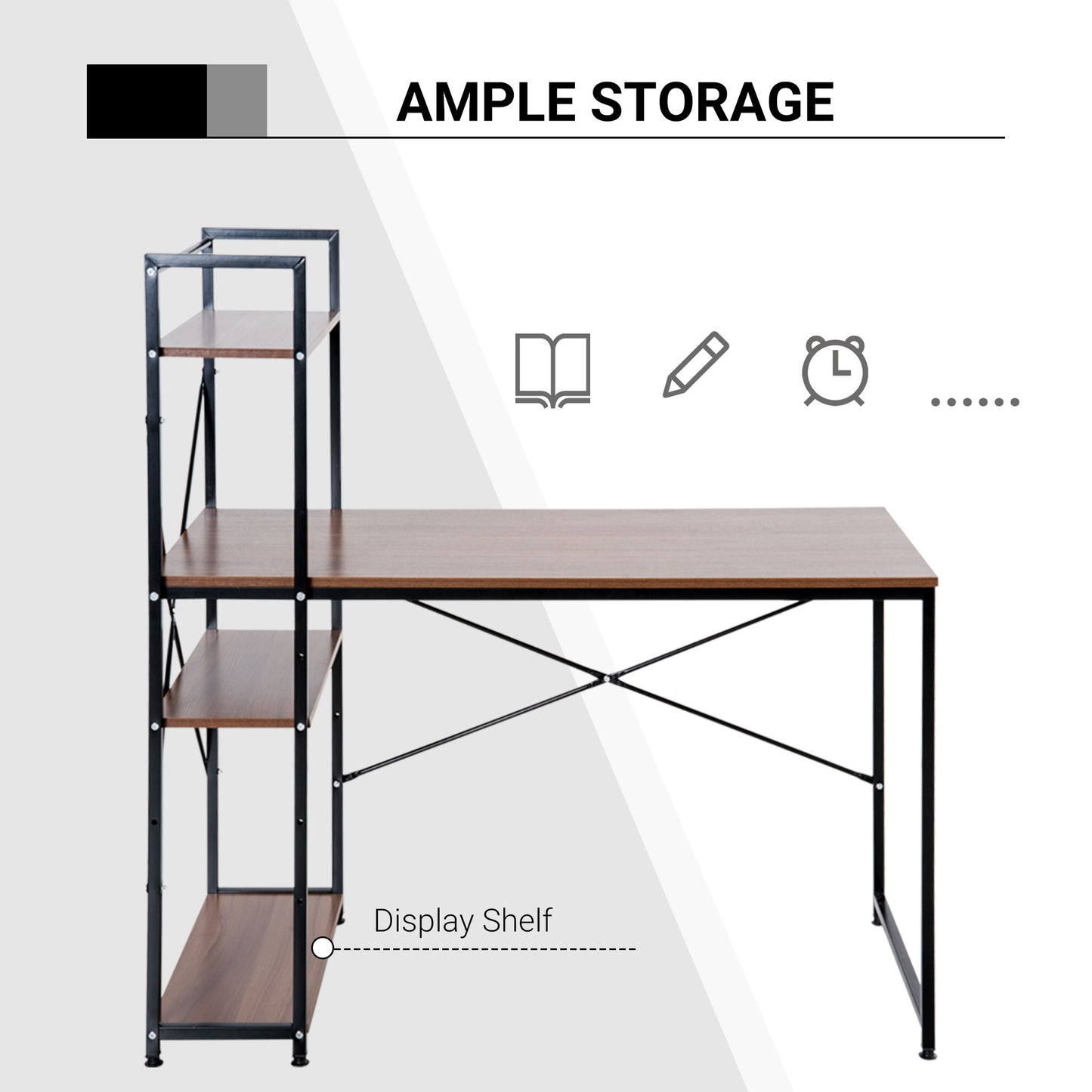 HOMCOM Computer Desk PC Table  Study Workstation Home Office with 4-tier Bookshelf Storage Metal Frame Wooden Top (Walnut & Black)