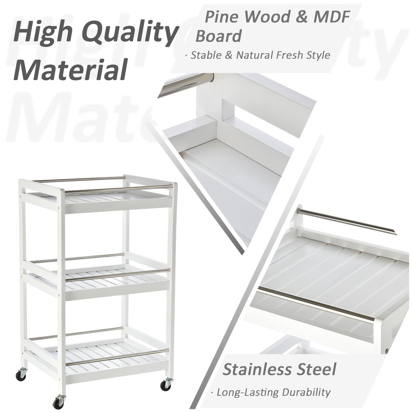 HOMCOM 3-Tier Home Trolley Kitchen Storage w/ Steel Bars 4 Wheels Rolling Unit Organiser Living Room White