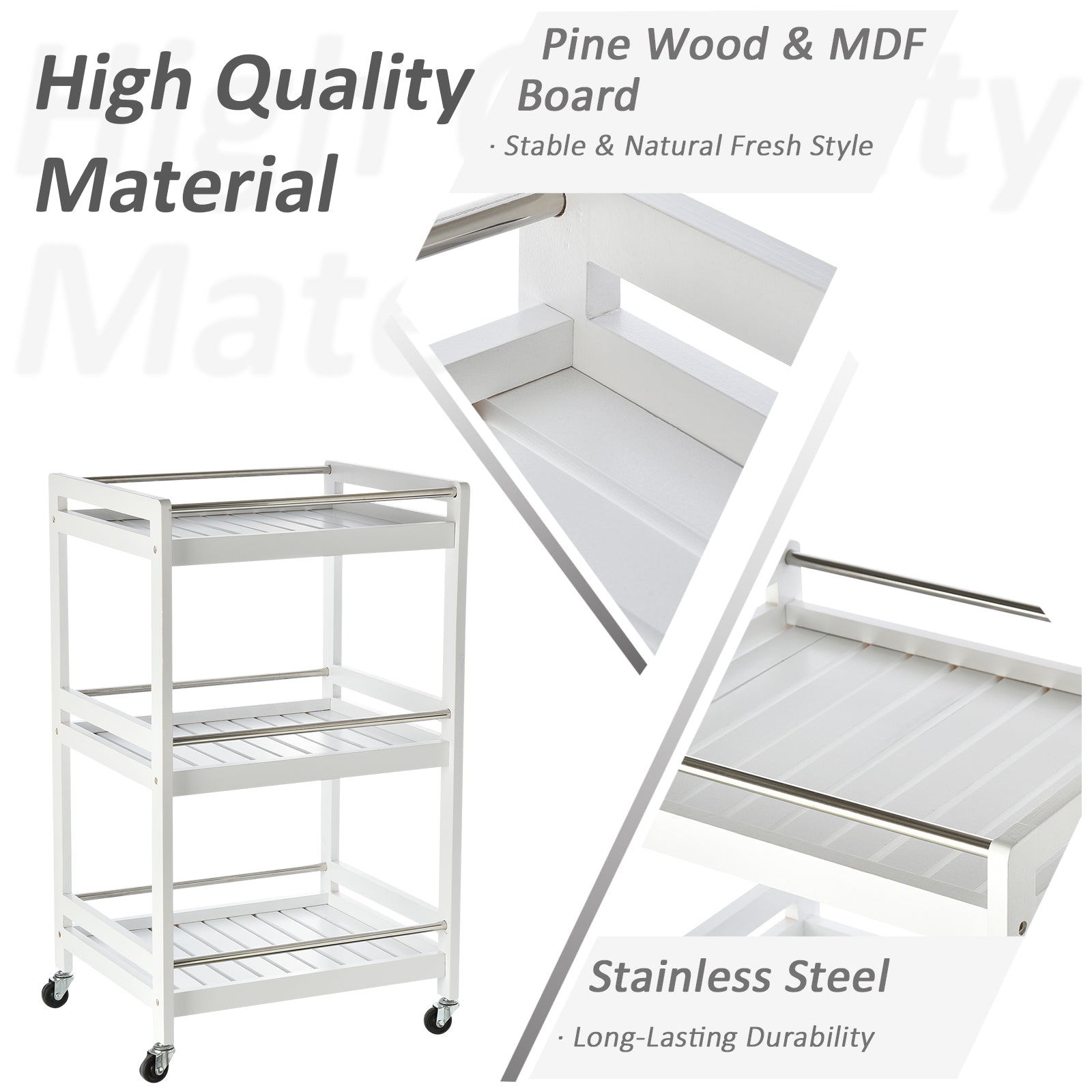 HOMCOM 3-Tier Home Trolley Kitchen Storage w/ Steel Bars 4 Wheels Rolling Unit Organiser Living Room White