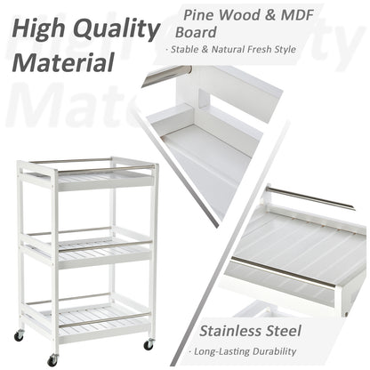 HOMCOM 3-Tier Home Trolley Kitchen Storage w/ Steel Bars 4 Wheels Rolling Unit Organiser Living Room White