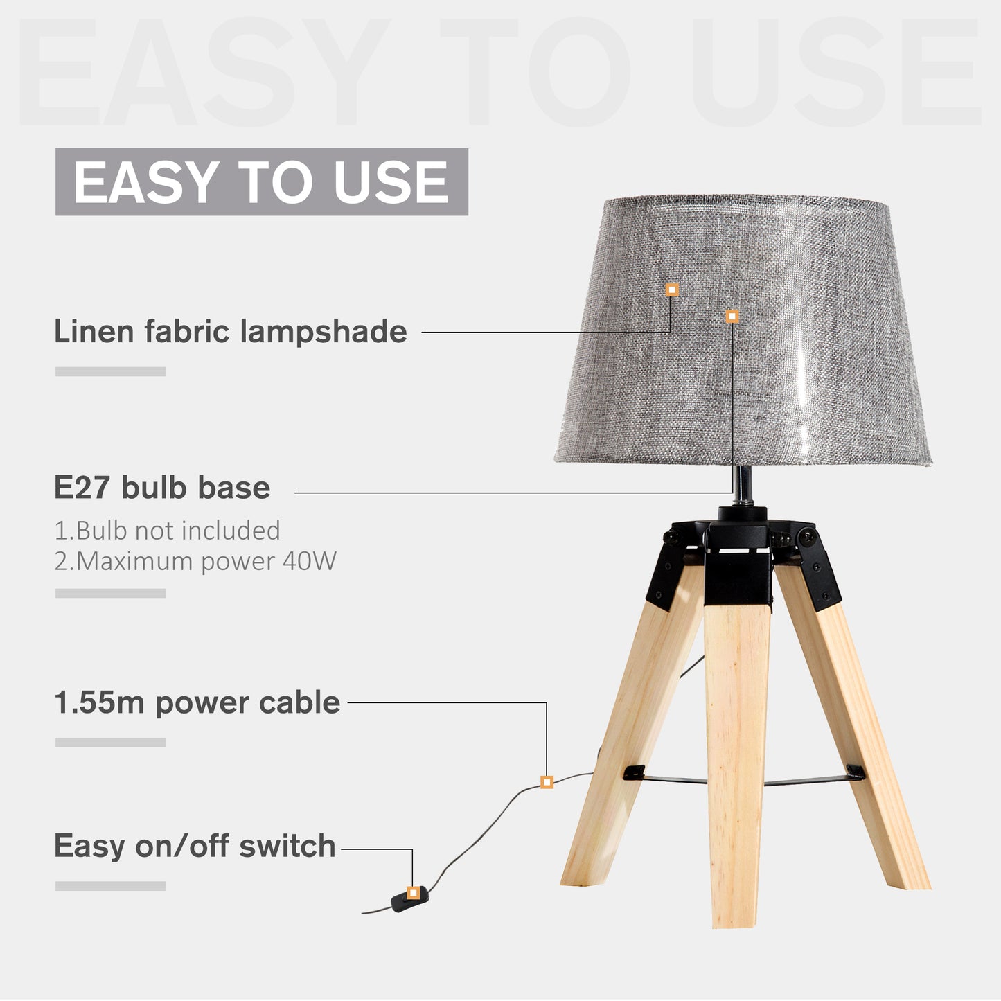 HOMCOM Wooden Tripod Table Lamp for Side, Desk or End Table with E27 Bulb Base?Grey Shade?