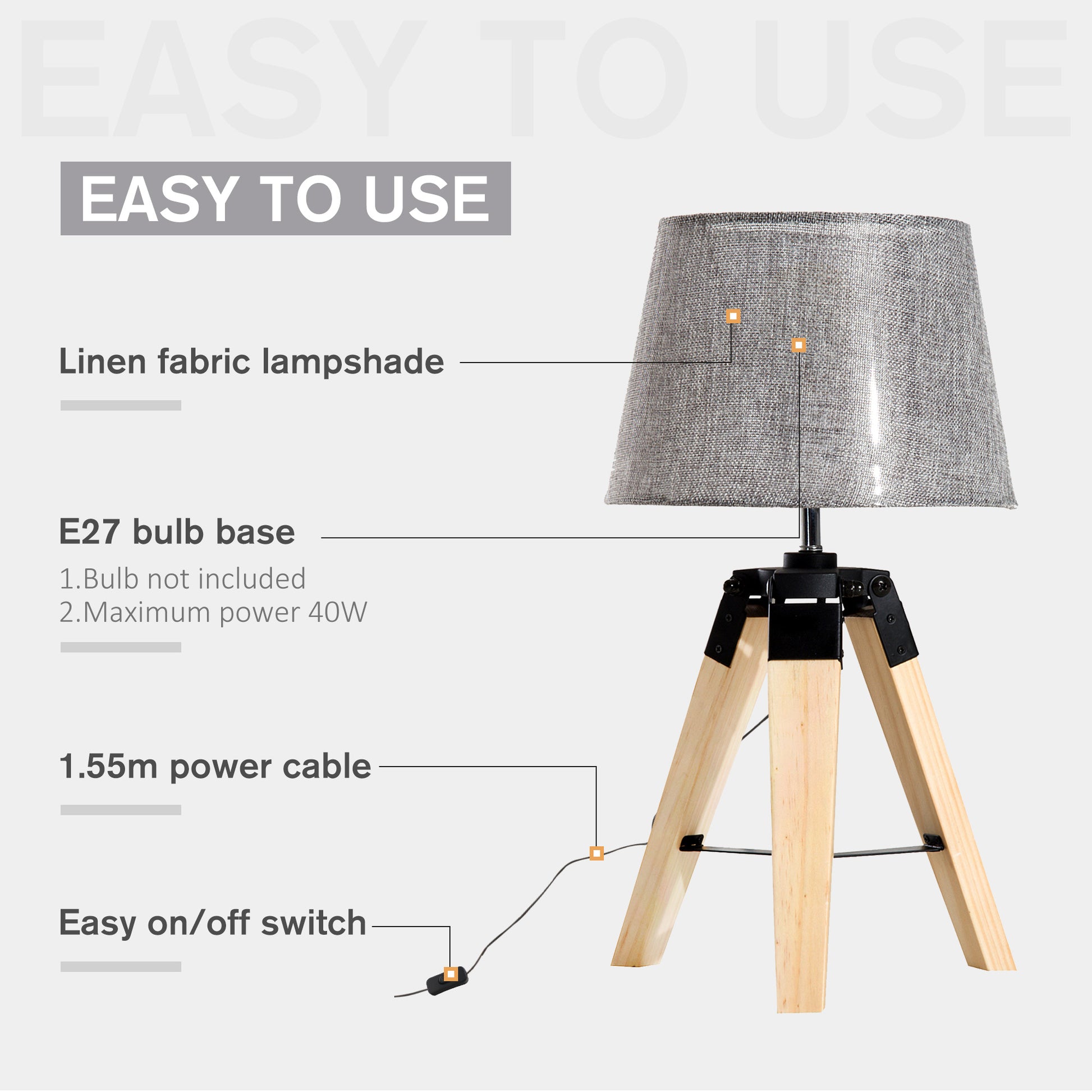 HOMCOM Wooden Tripod Table Lamp for Side, Desk or End Table with E27 Bulb Base?Grey Shade?