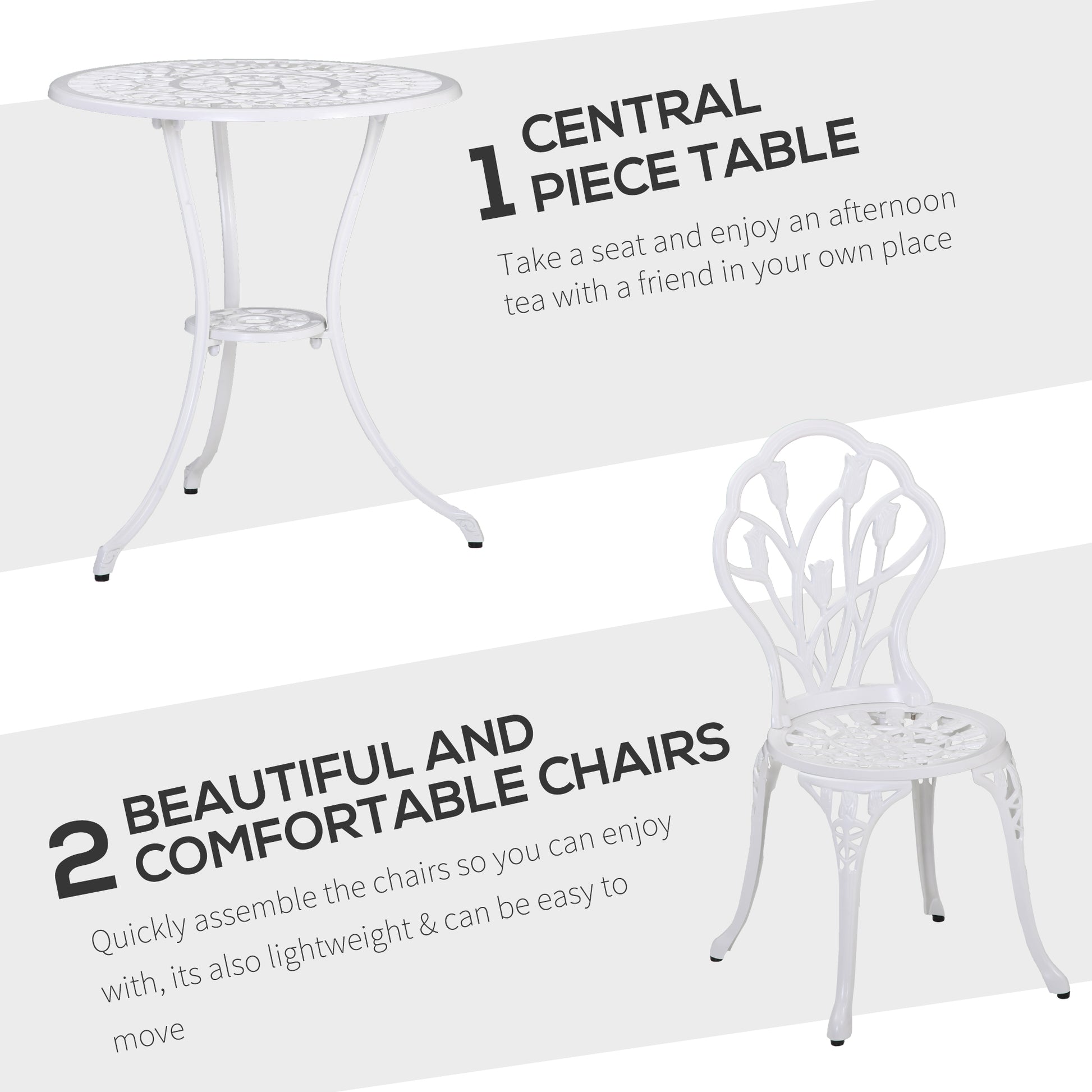 Outsunny 3 Piece Patio Bistro Set for 2, Outdoor Aluminium Garden Table and Chairs with Umbrella Hole for Balcony, White