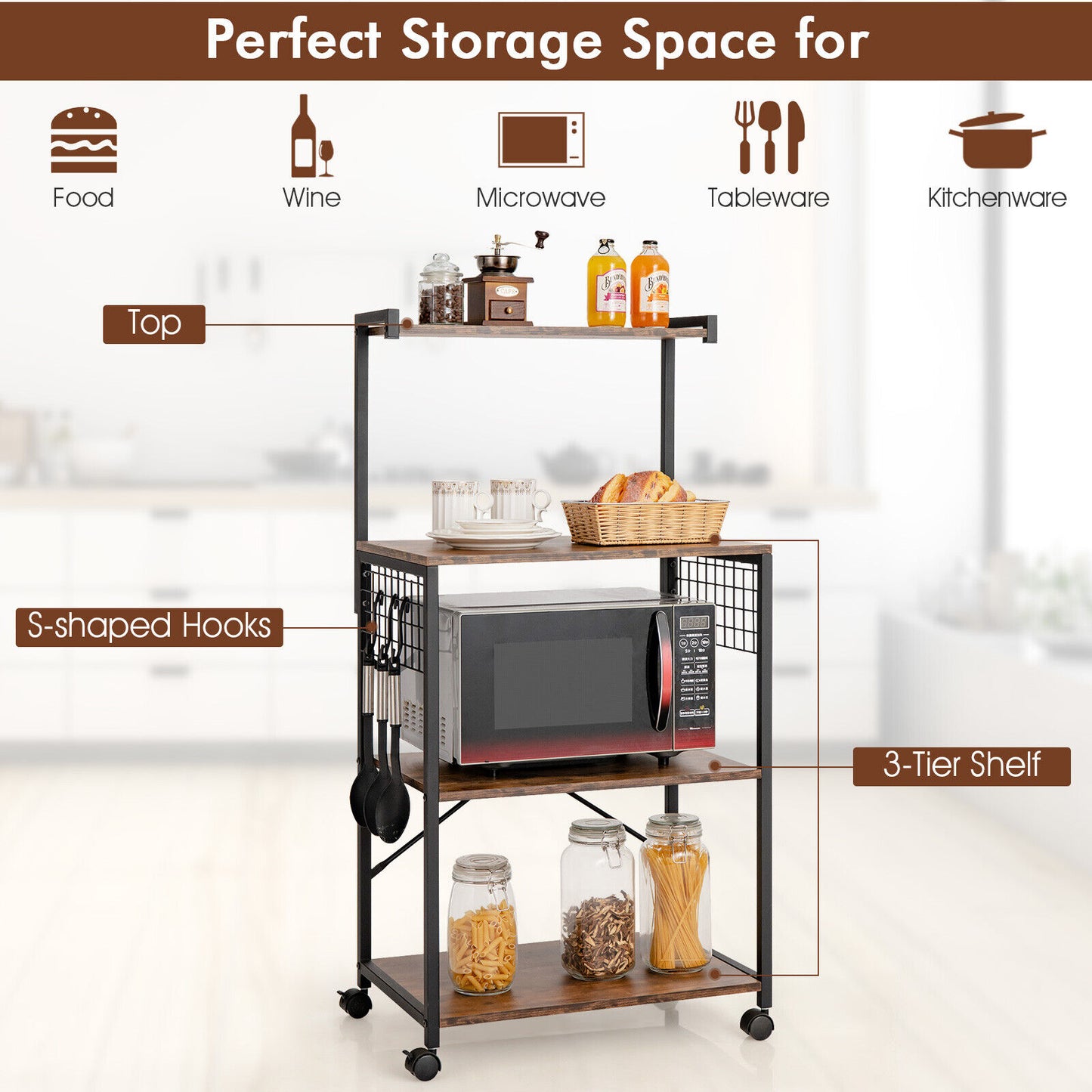  4-Tier Kitchen Baker's Rack with 360-degree Swivel Casters-Brown