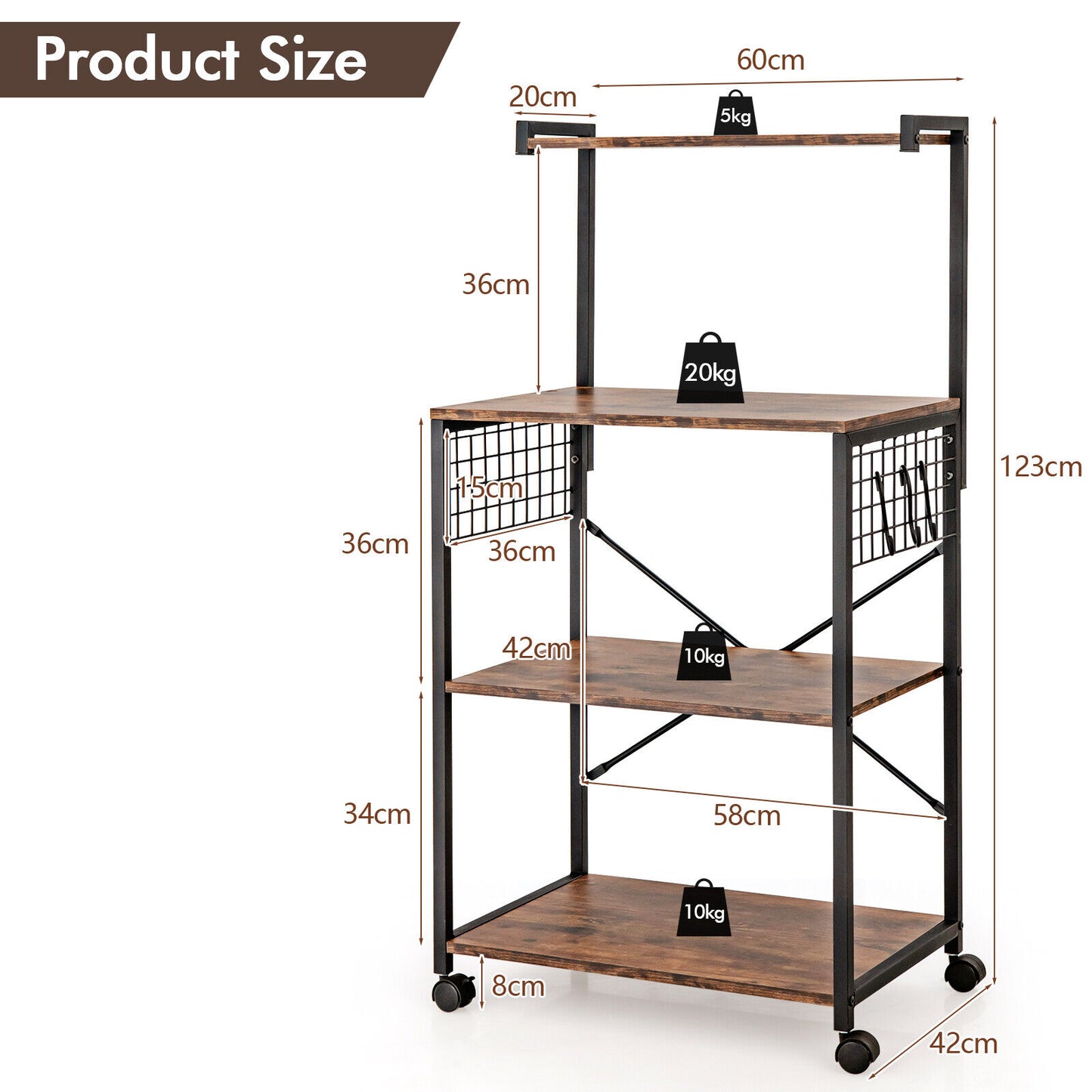  4-Tier Kitchen Baker's Rack with 360-degree Swivel Casters-Brown