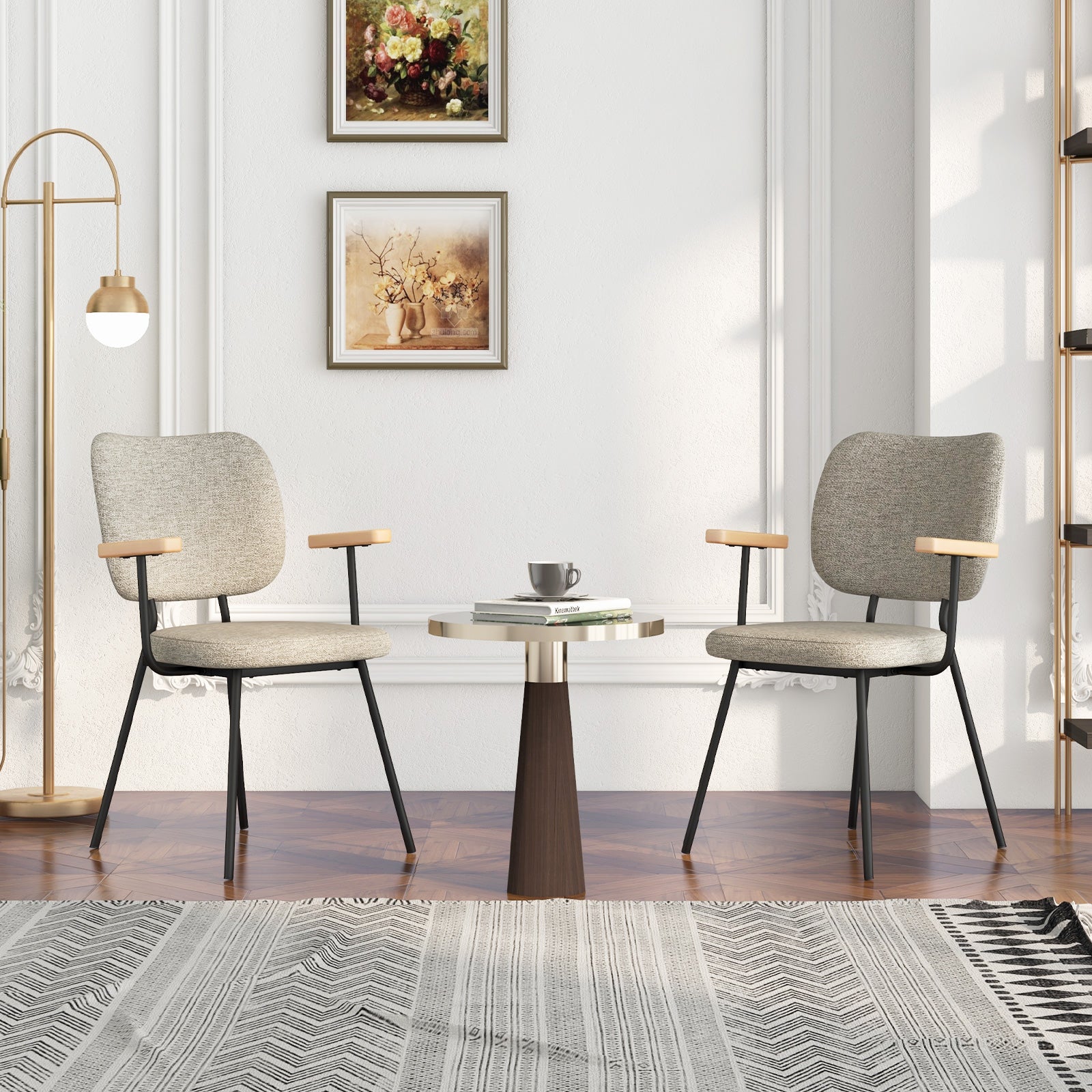 Set of 2 Linen Fabric Upholstered Dining Chairs with Curved Backrest-Grey