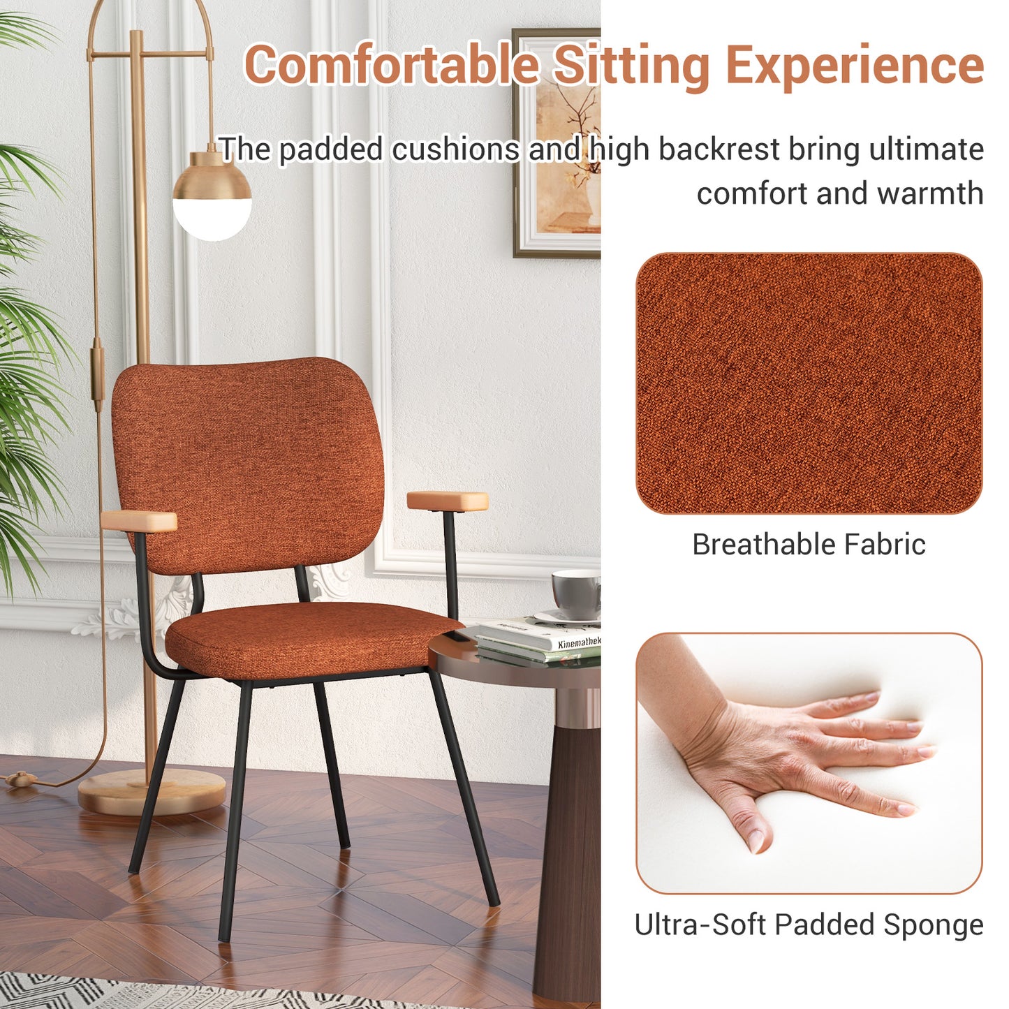 Set of 2 Linen Fabric Upholstered Dining Chairs with Curved Backrest-Orange