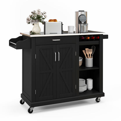Kitchen Island Cart with Drawer Wine Rack and Adjustable Shelves-Black