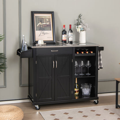 Kitchen Island Cart with Drawer Wine Rack and Adjustable Shelves-Black