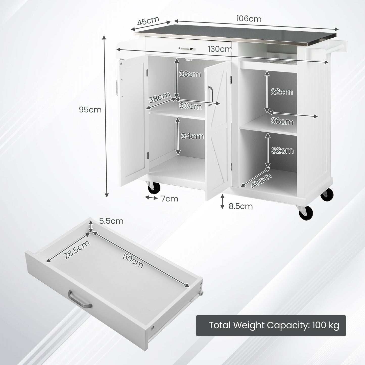 Kitchen Island Cart with Drawer Wine Rack and Adjustable Shelves-White