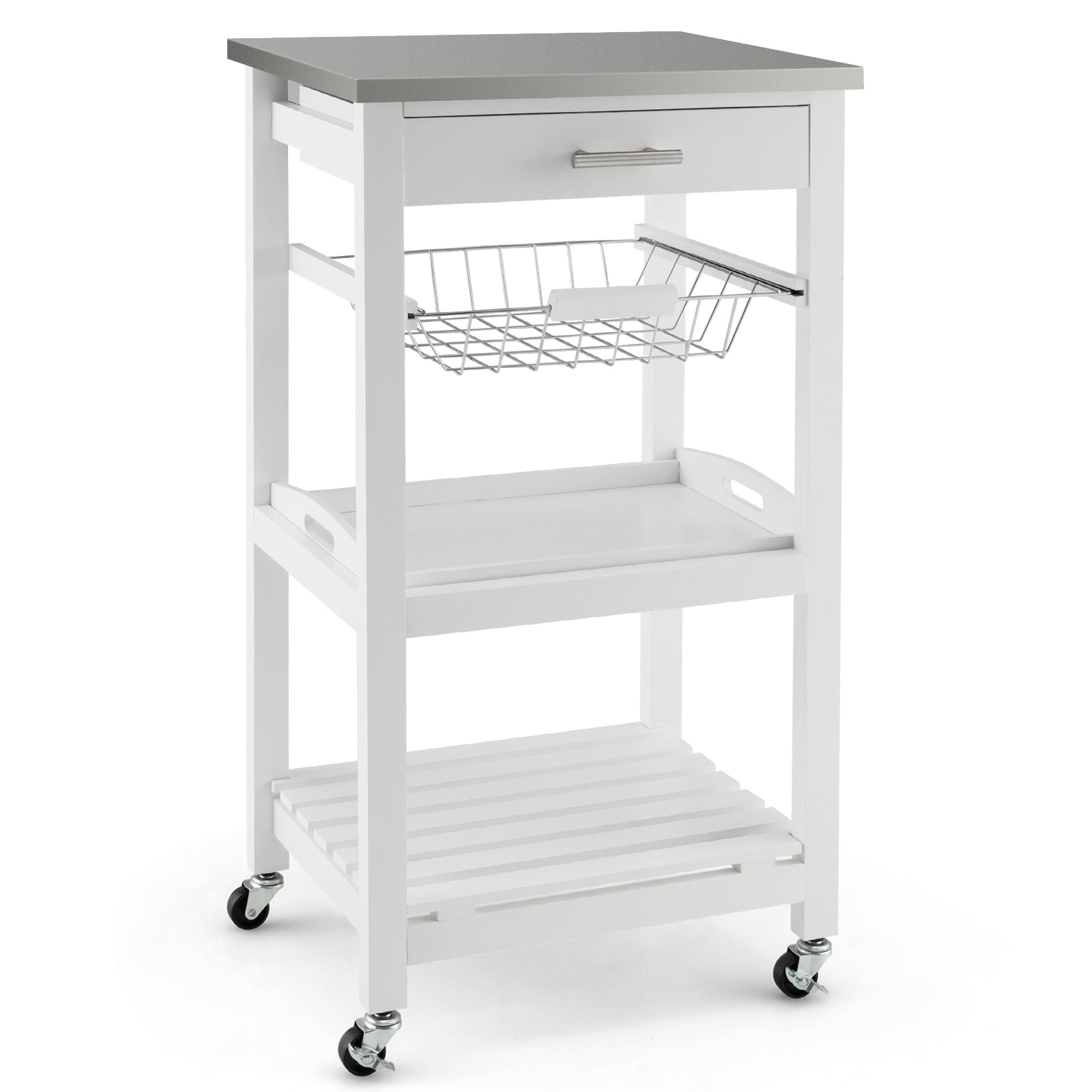 4-Tier Rolling Trolley Cart with Lock Wheels Basket and Drawer-White ...