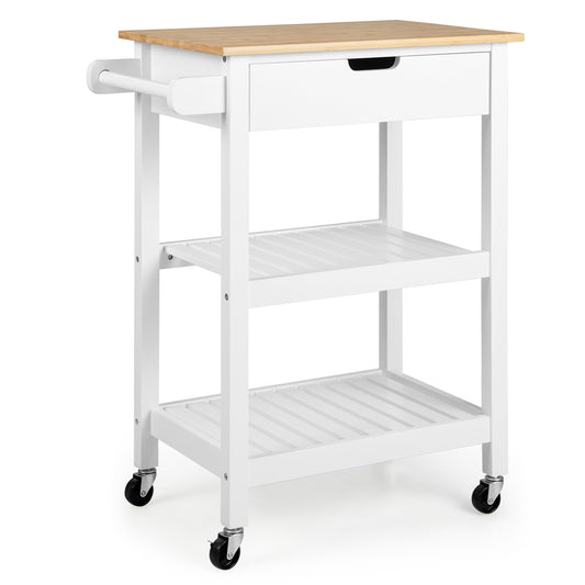 Bamboo Rolling Kitchen Island with Pull-Out Drawer-White