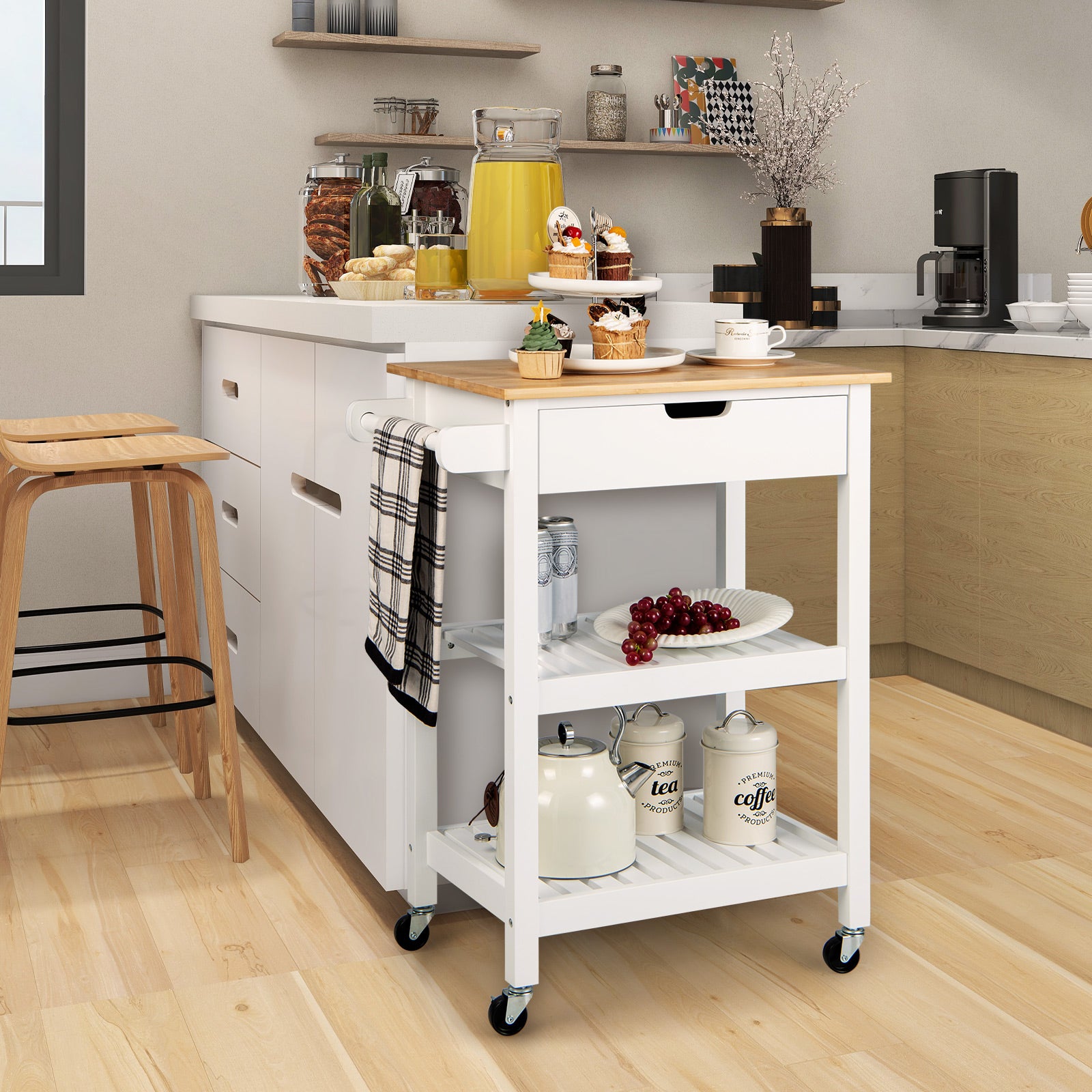 Bamboo Rolling Kitchen Island with Pull-Out Drawer-White