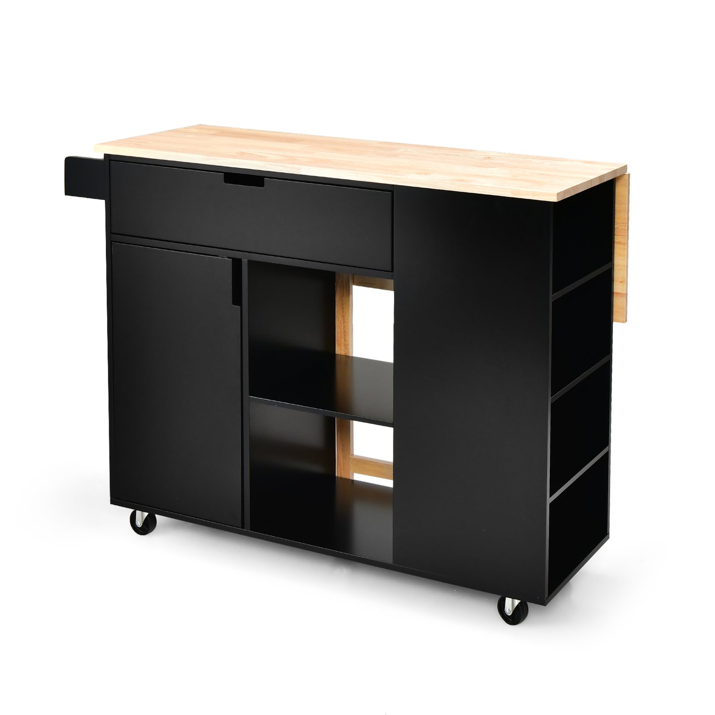 Drop-Leaf Kitchen Island with Rubber Wood Top-Black