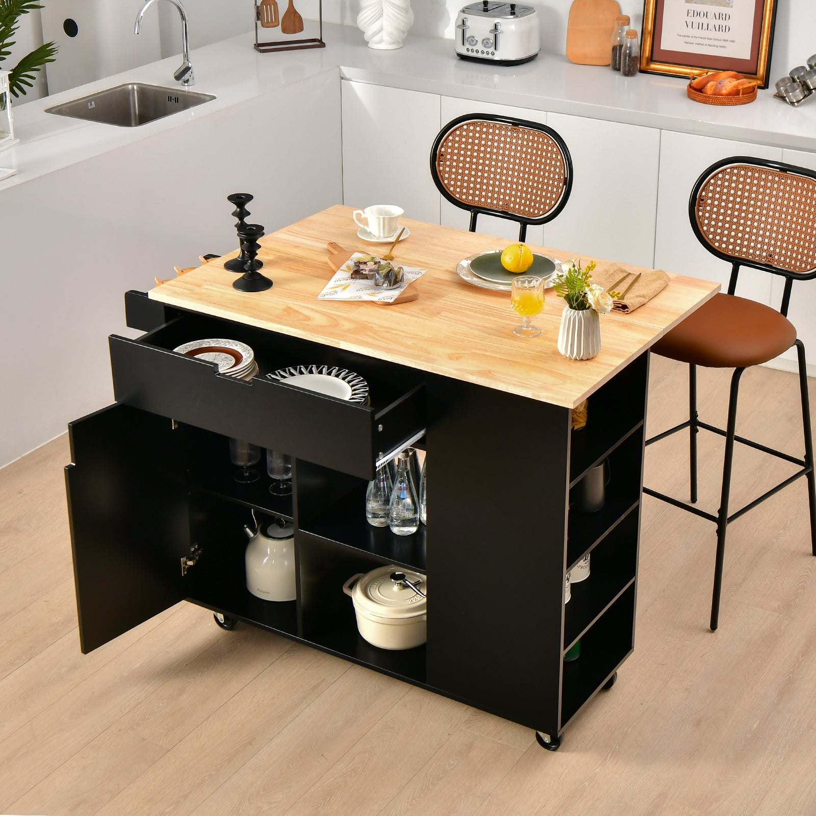 Drop-Leaf Kitchen Island with Rubber Wood Top-Black