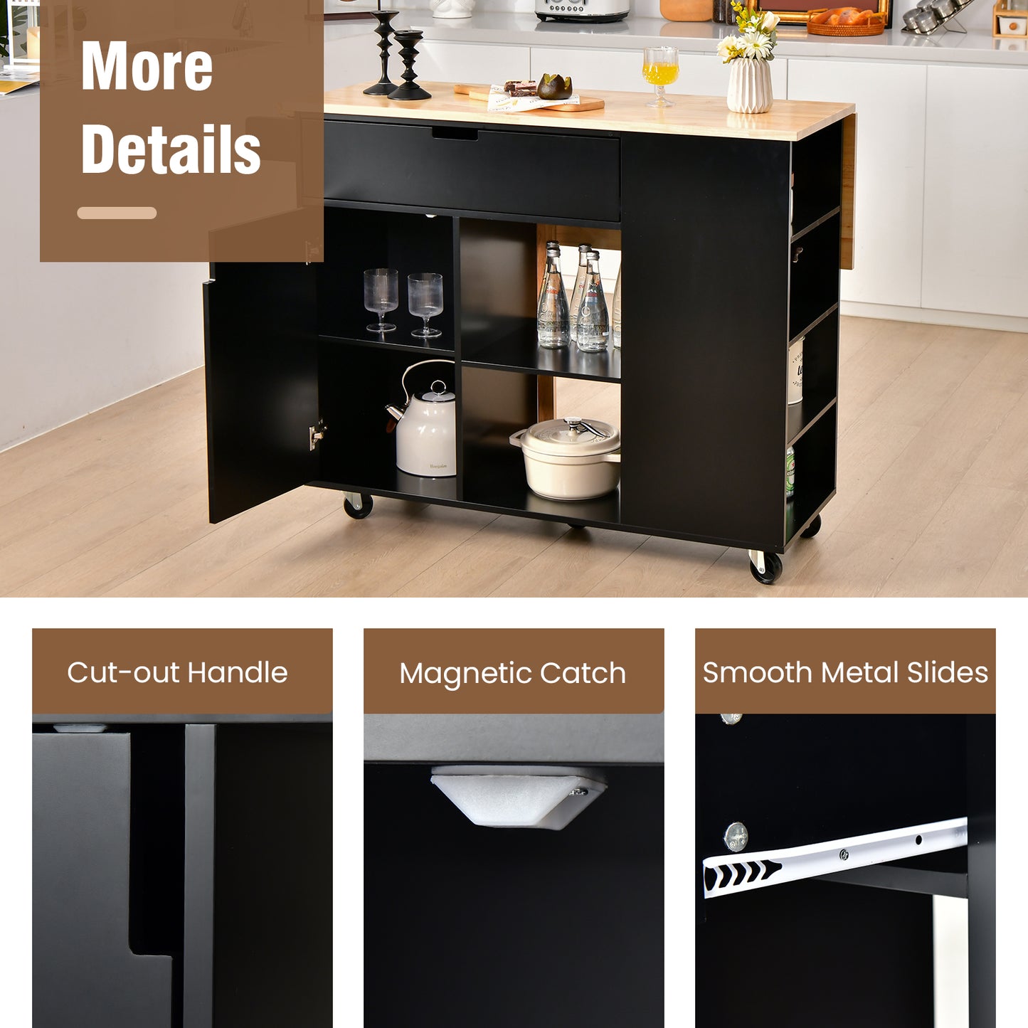 Drop-Leaf Kitchen Island with Rubber Wood Top-Black