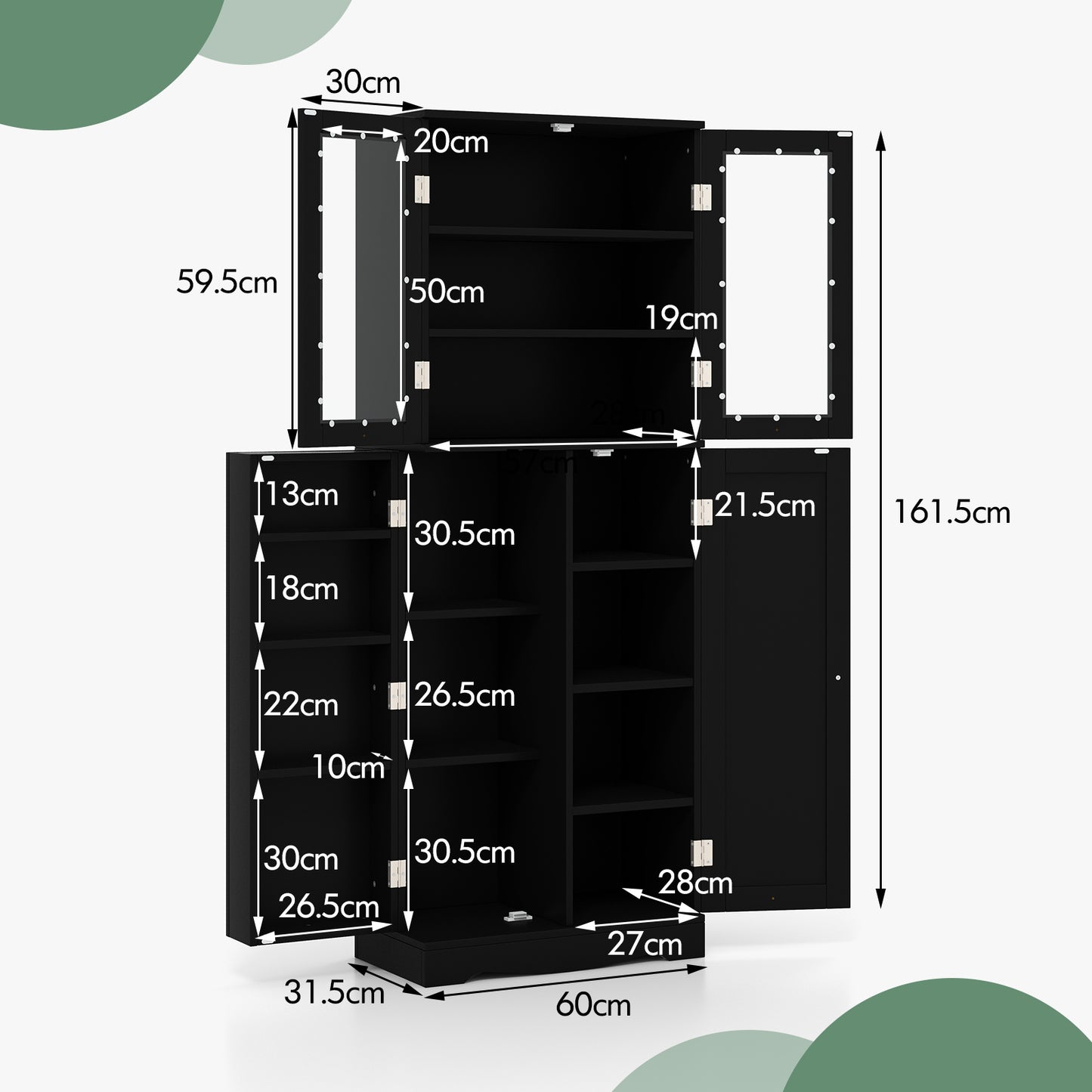 Kitchen Pantry Cabinet with Dual Tempered Glass Doors and Shelves-Black