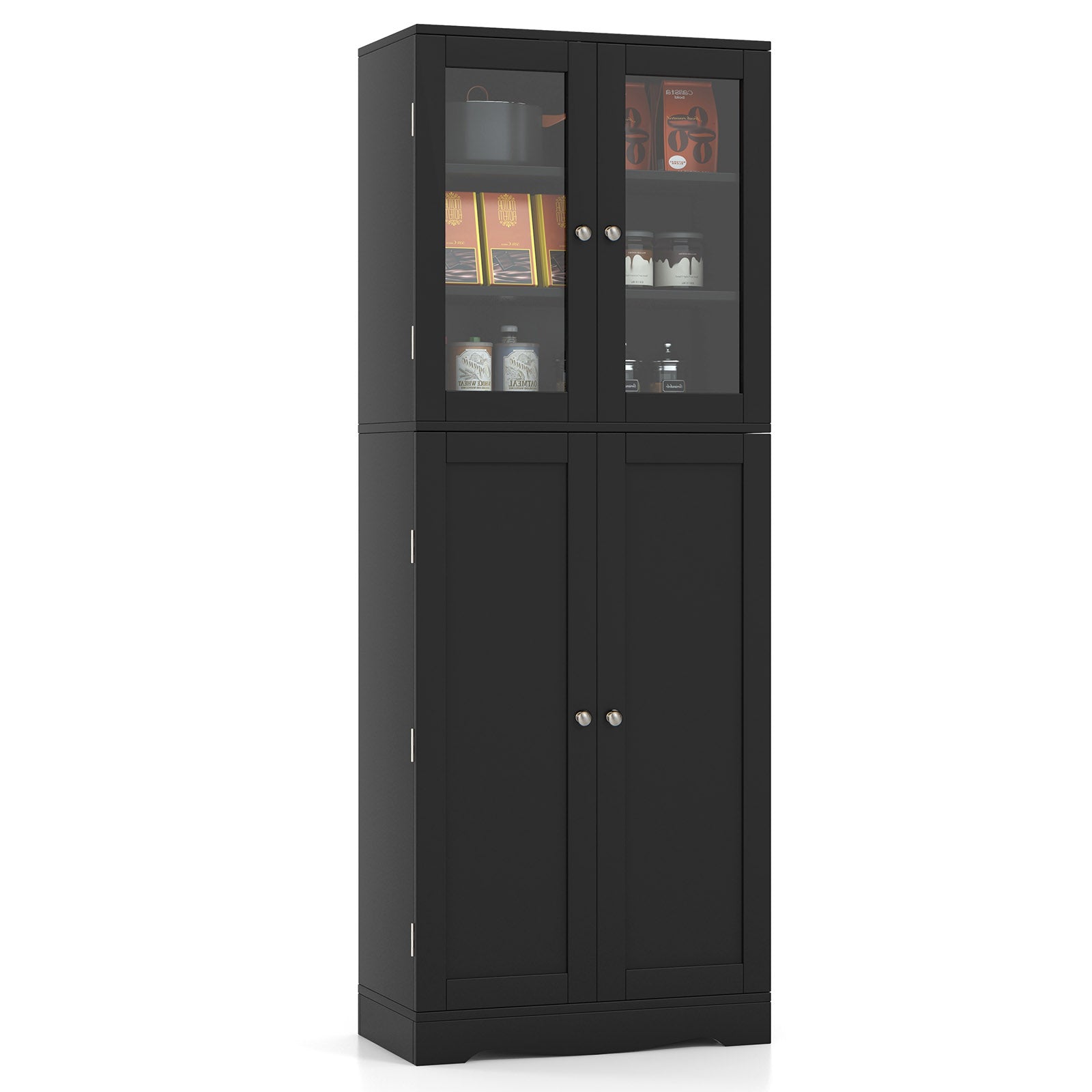 Kitchen Pantry Cabinet with Dual Tempered Glass Doors and Shelves-Black