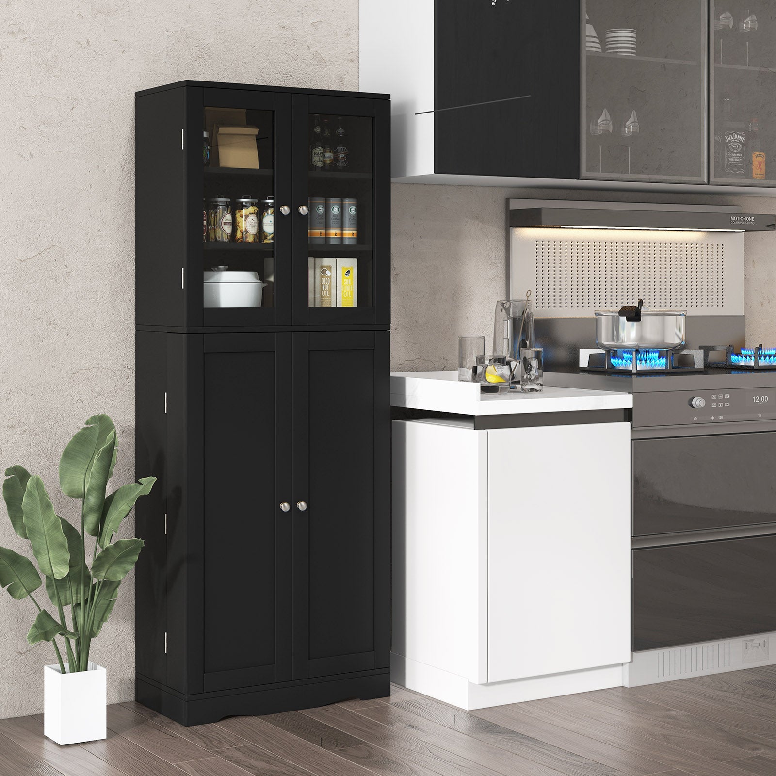Kitchen Pantry Cabinet with Dual Tempered Glass Doors and Shelves-Black