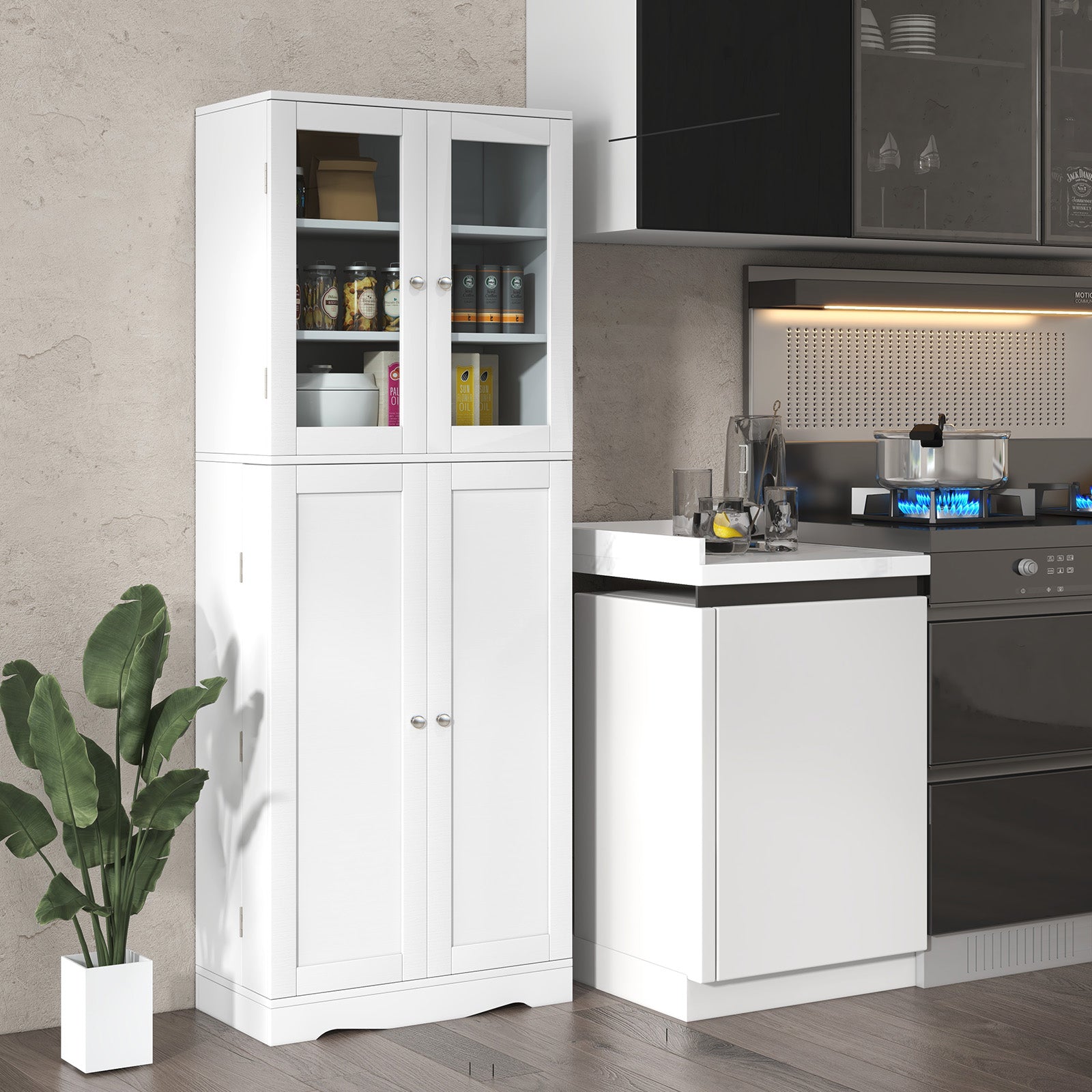 Kitchen Pantry Cabinet with Dual Tempered Glass Doors and Shelves-White