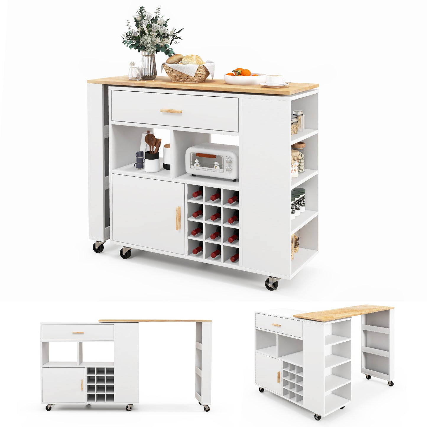 2-in-1 Kitchen Island Cart with Rubber Wood Top-White