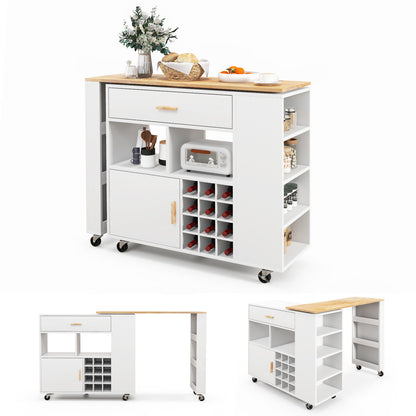 2-in-1 Kitchen Island Cart with Rubber Wood Top-White