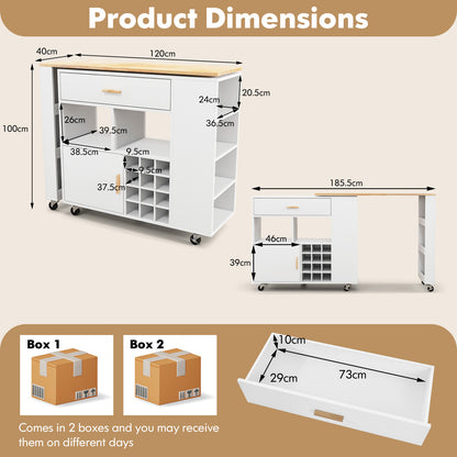 2-in-1 Kitchen Island Cart with Rubber Wood Top-White