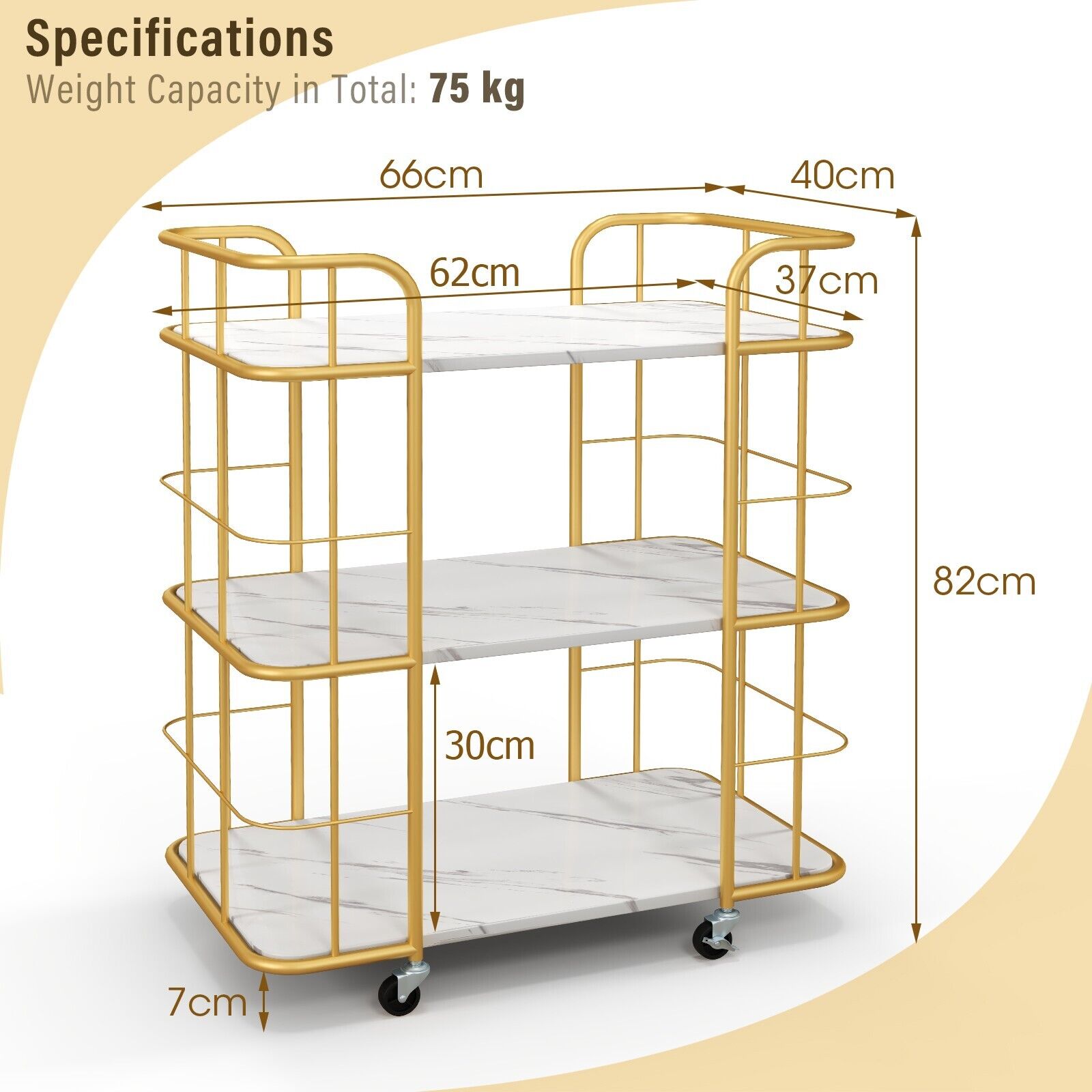 3-Tier Rolling Buffet Serving Cart with Lockable Wheels and Handles-Golden