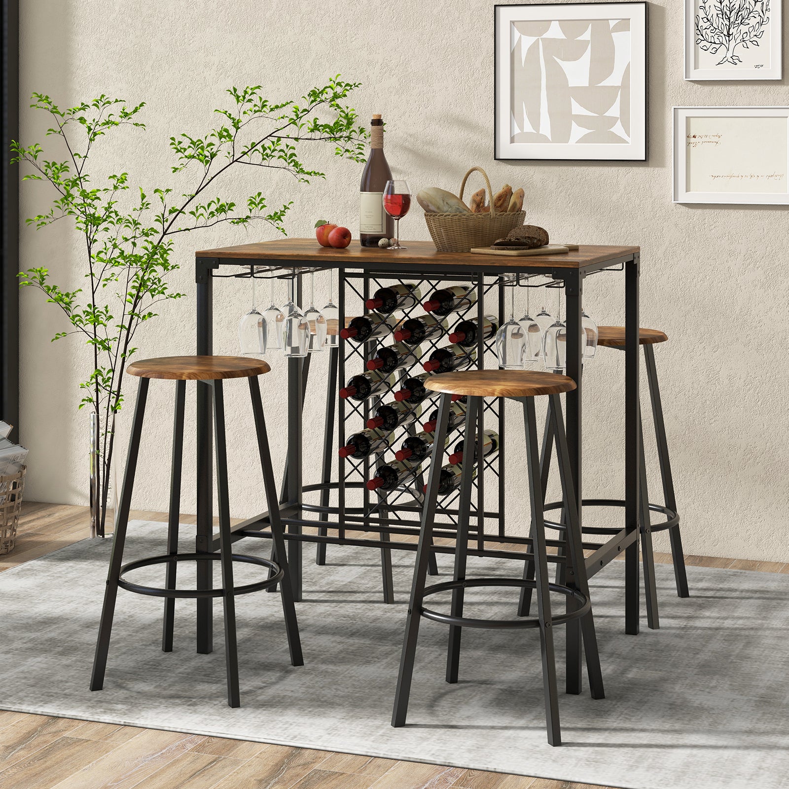 5 Pieces Bar Table and Stools Set Wine Rack and Glass Holder-Rustic Brown