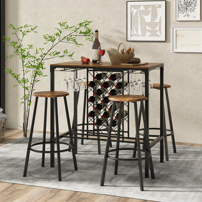 5 Pieces Bar Table and Stools Set Wine Rack and Glass Holder-Rustic Brown