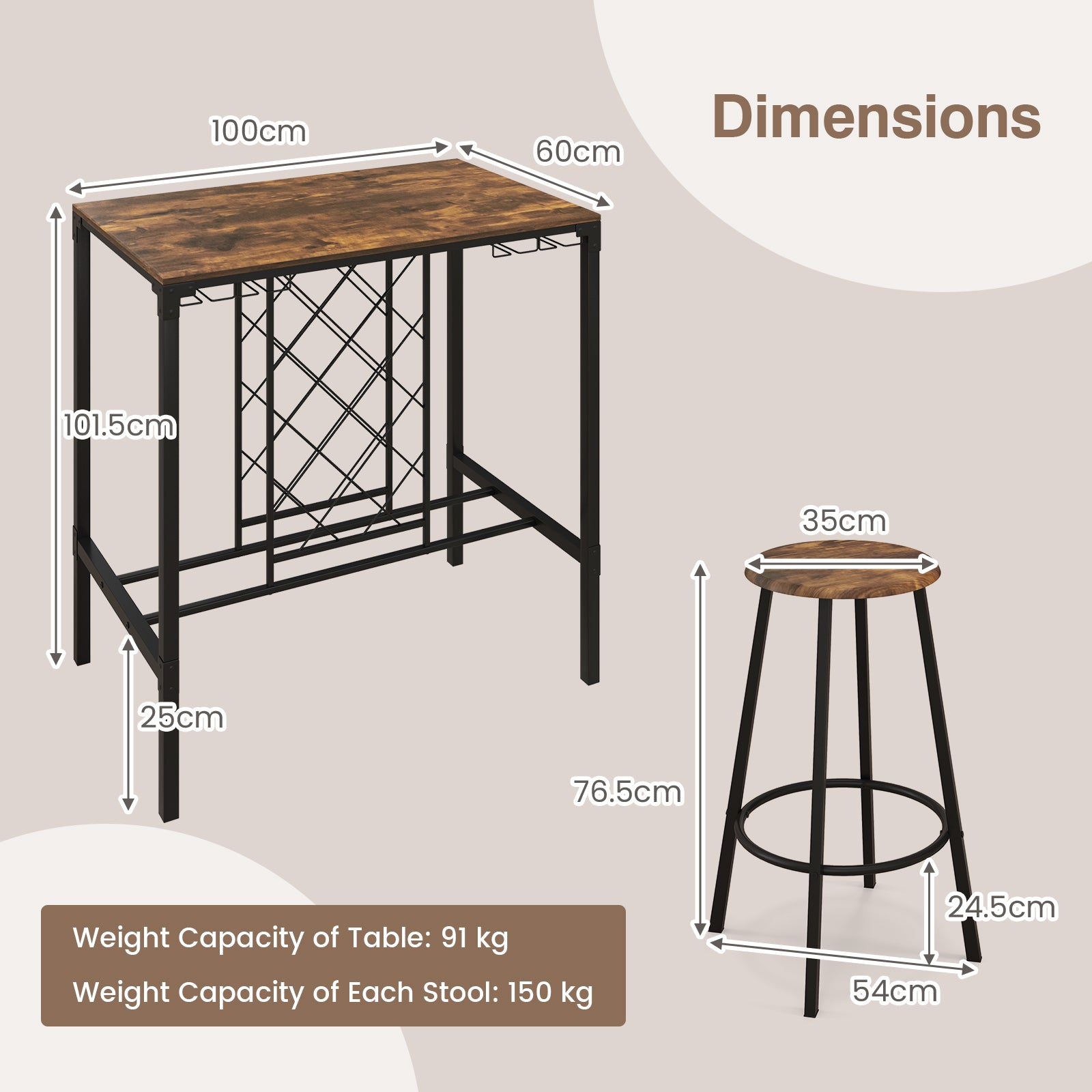 5 Pieces Bar Table and Stools Set Wine Rack and Glass Holder-Rustic Brown