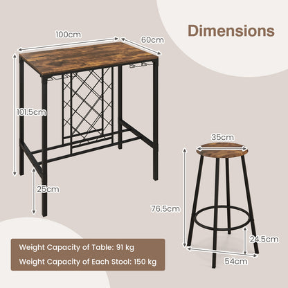5 Pieces Bar Table and Stools Set Wine Rack and Glass Holder-Rustic Brown
