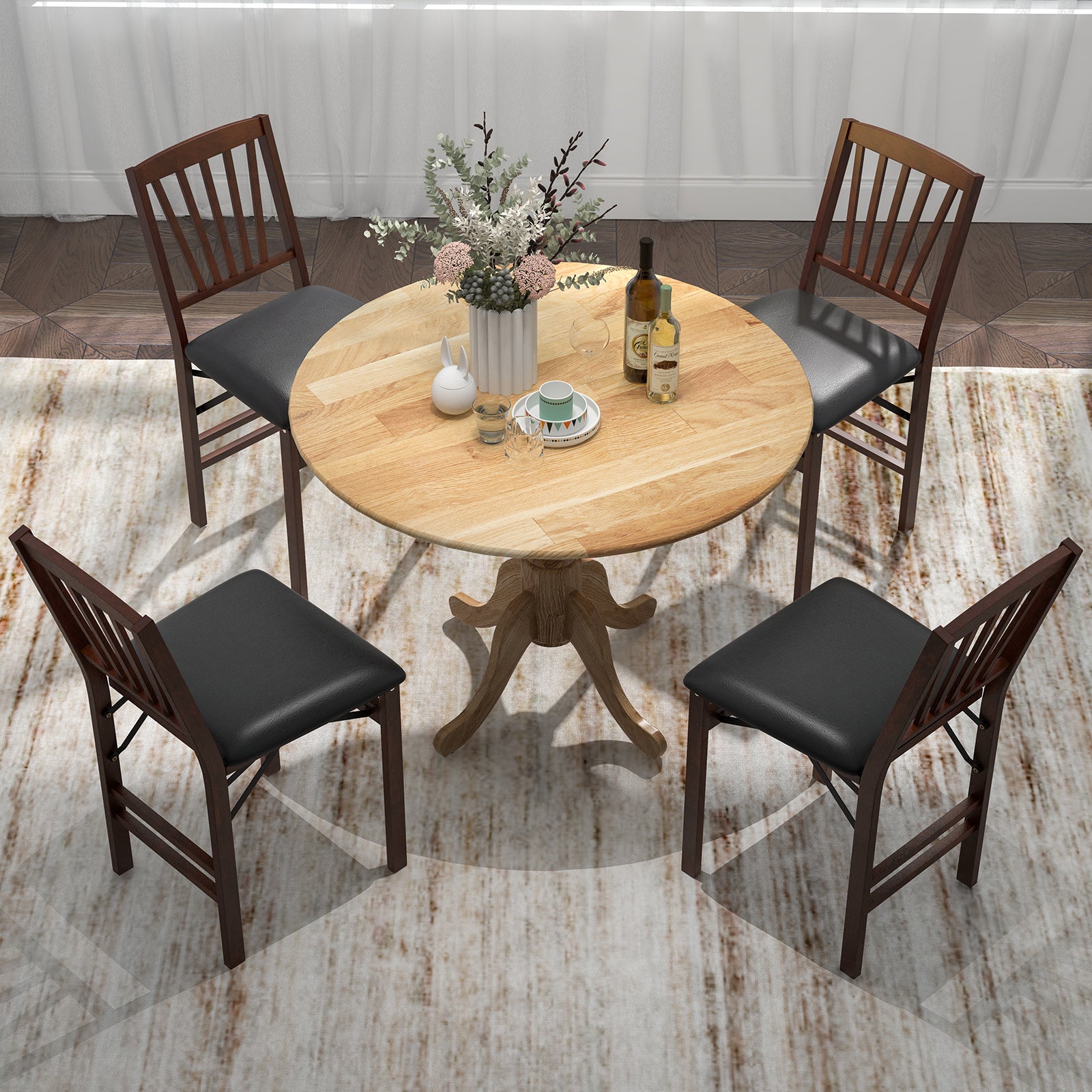 Wooden Dining Table with Round Tabletop and Curved Trestle Legs-Natural