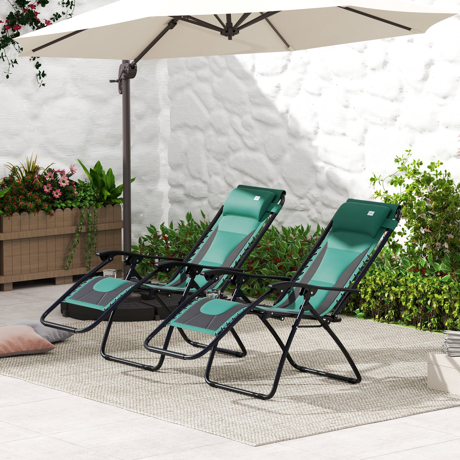 Outsunny Zero Gravity Lounger Chair Set of 2, Folding Reclining Patio Chair with Padded Seat, Cup Holder, Soft Cushion and Headrest for Poolside, Camping, Green